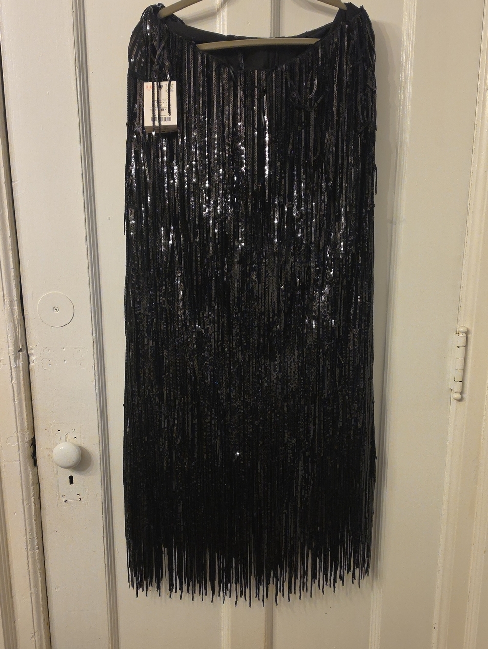 Zara Collection Sequin Fringe Maxi Skirt in Black Size Large Waist 30 Inches